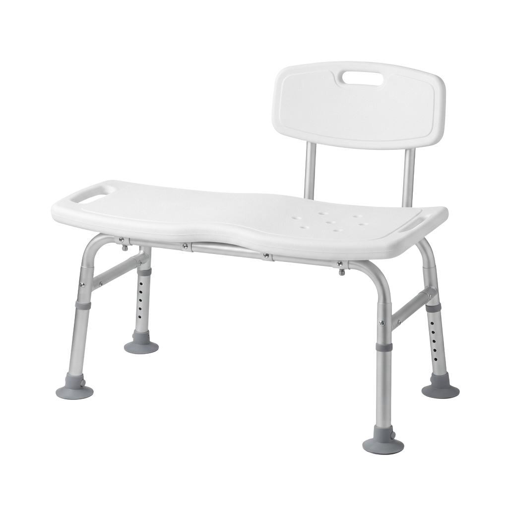 A white foldable transfer bench with a backrest and armrests on four adjustable legs.
