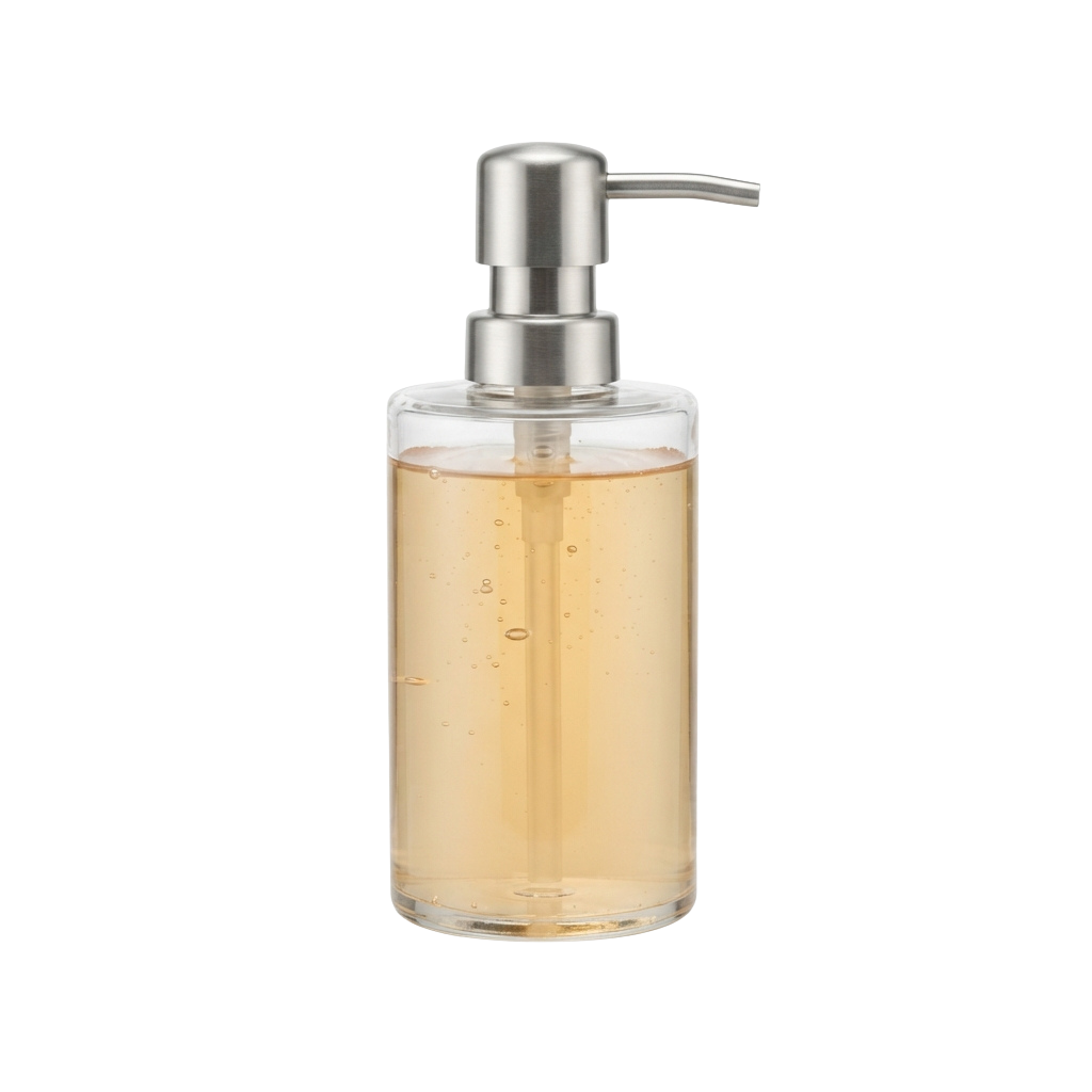A clear plastic soap dispenser with a stainless steel pump spout filled with liquid soap