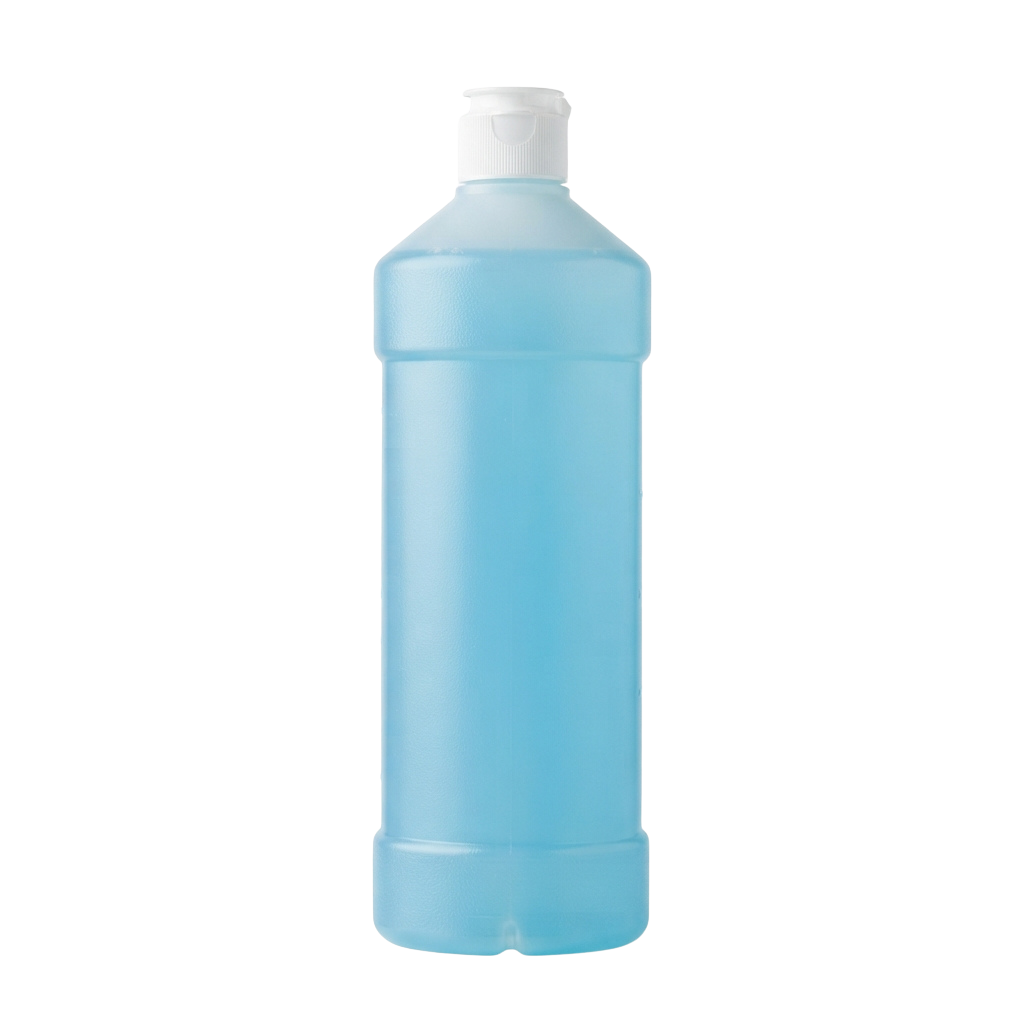 A light blue plastic bottle with a white screw-on cap standing upright against a black background