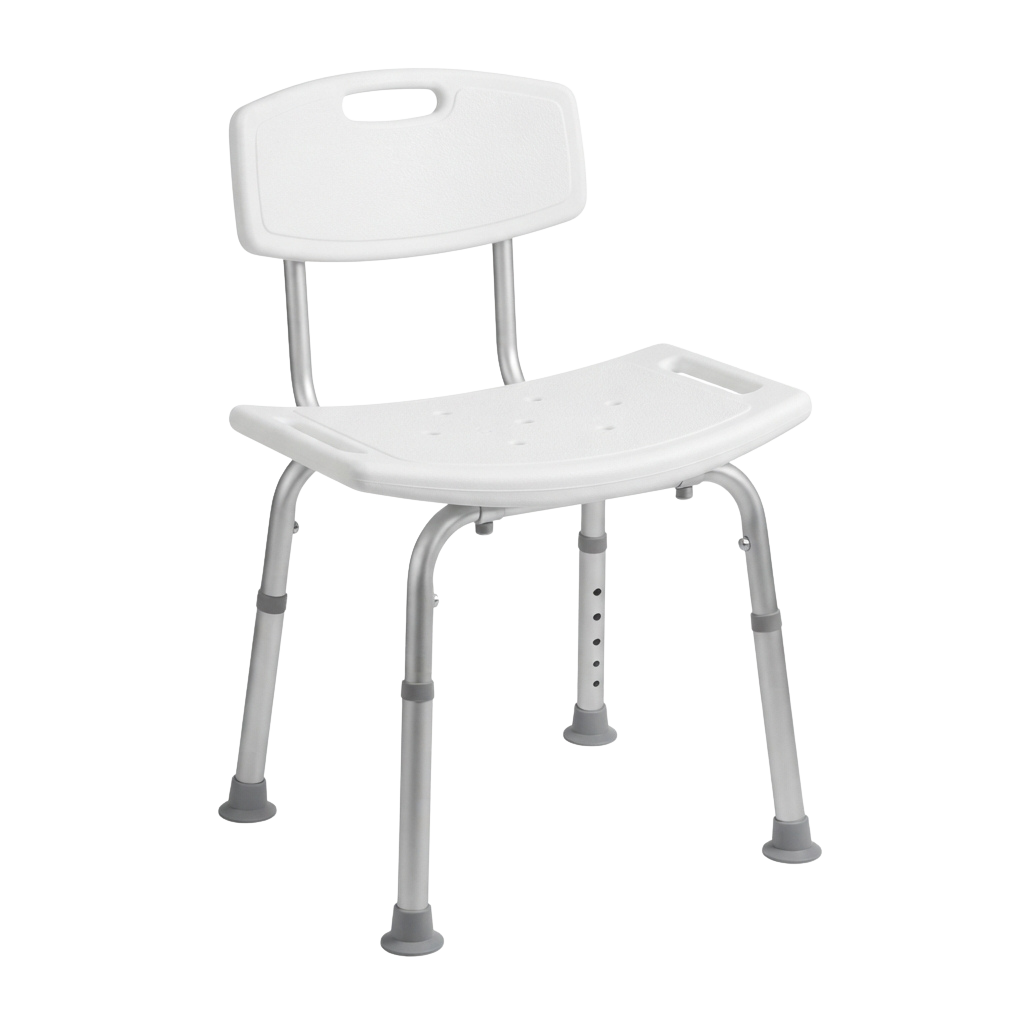 White plastic shower safety chair with adjustable height metal legs and footrest