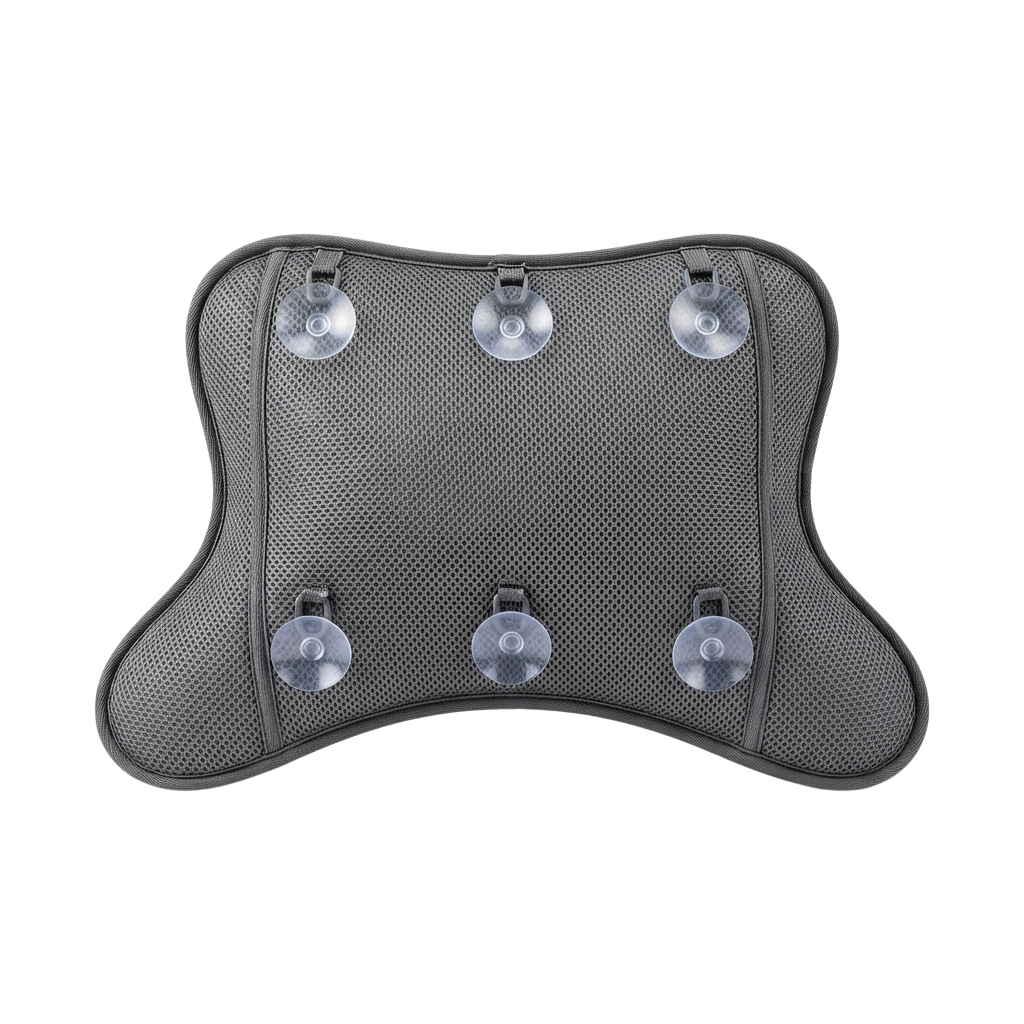 Grey mesh car headrest with six suction cups for secure attachment to vehicle headrests.