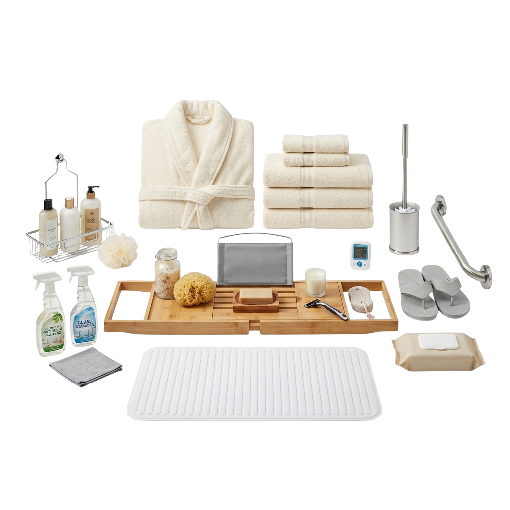 A collection of spa bathroom items including robes, towels, shower accessories, cleaning supplies, and bath tools on a black background
