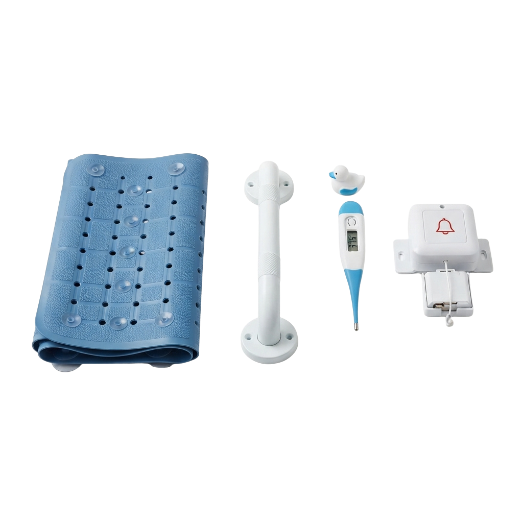 Medical bed pad with suction nodes, stand, thermometer probe, and alarm device