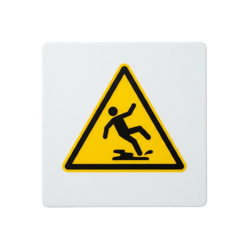 Warning sign showing a person slipping on a wet floor inside a yellow triangle with black border