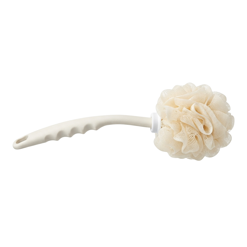 A white head massager with a textured handle and a lace-covered round end