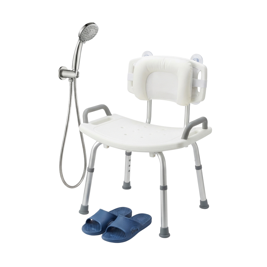 A white shower chair with armrests, back support, and a handheld showerhead attached. Blue shower slippers are placed in front.