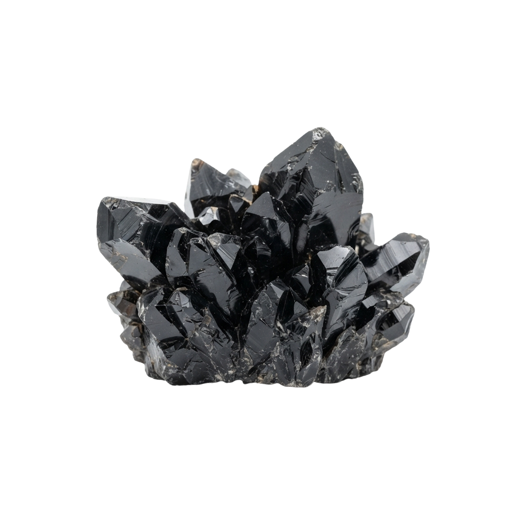 A close-up image of a dark, sharp-edged crystalline mineral cluster