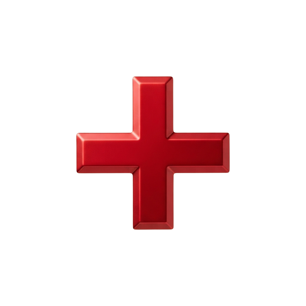 A bold red three-dimensional cross icon on a black background