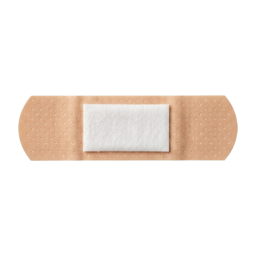 An adhesive bandage featuring a beige strip with a white sterile pad in the center