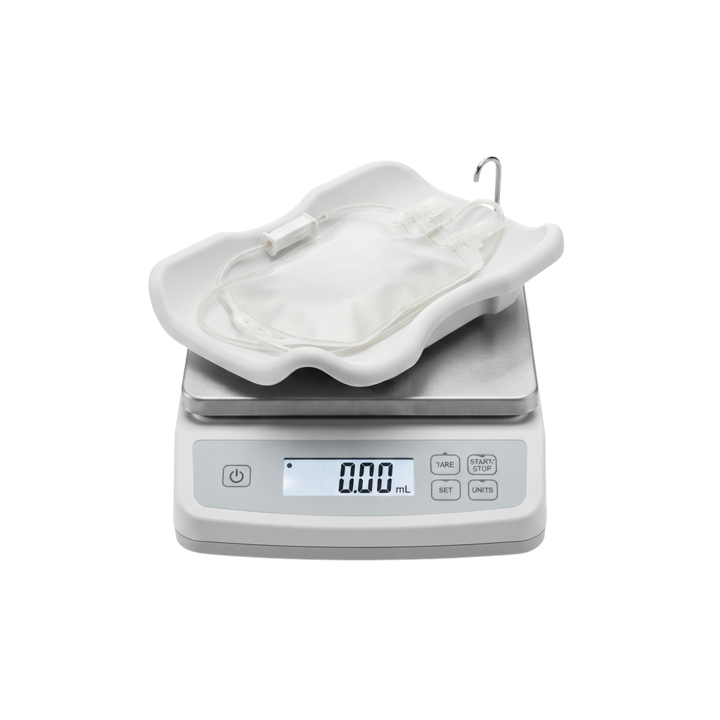 A digital scale measuring a white breast milk storage bag with a spout.
