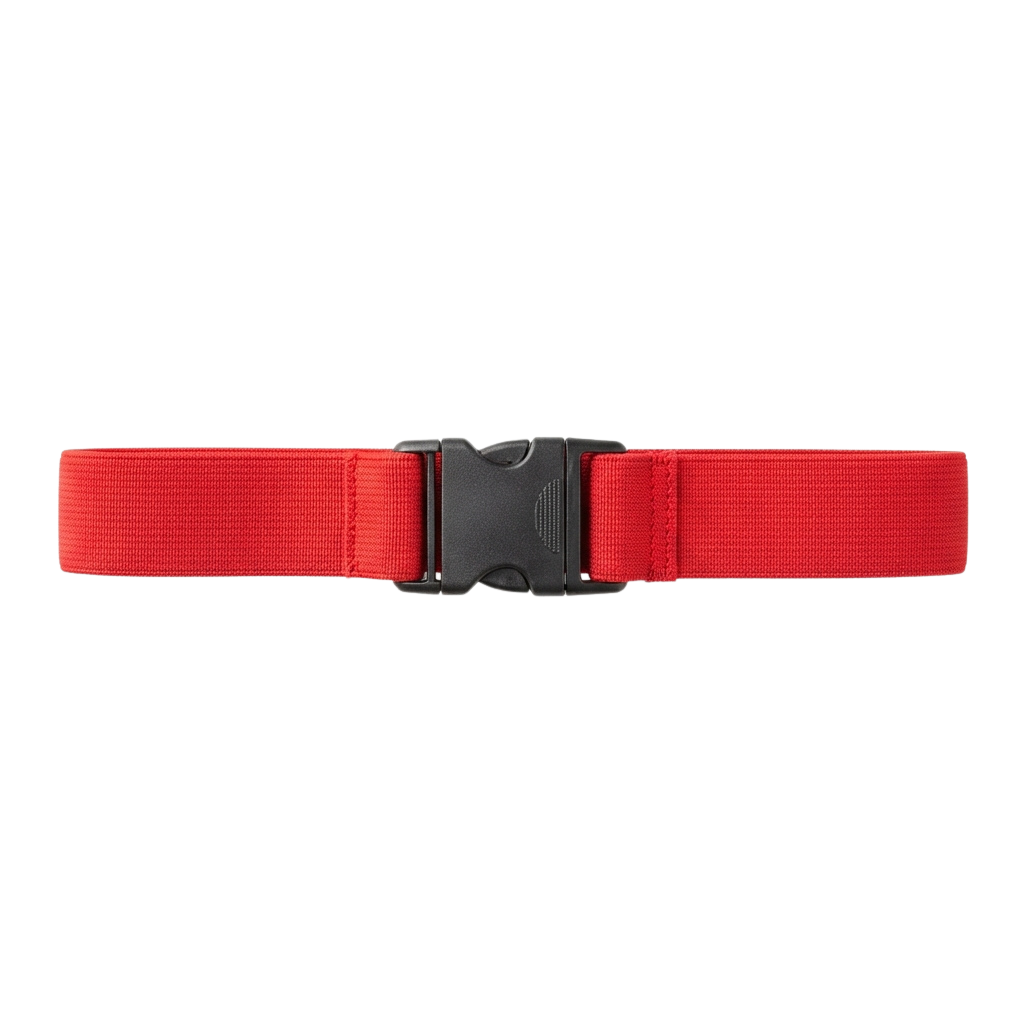 A red fabric belt with a black plastic buckle closure laid flat against a dark background