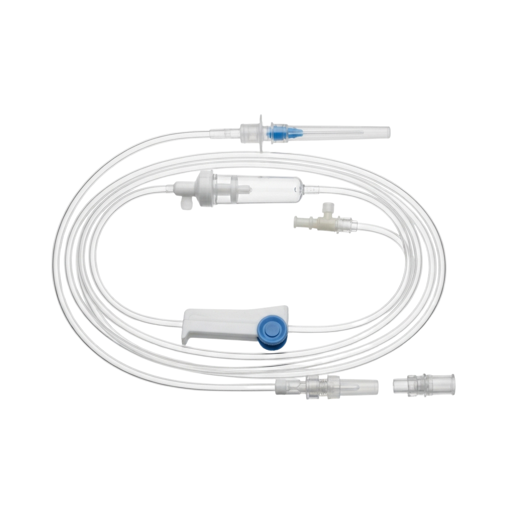 Medical tubing with multiple connectors and valves, likely used for fluid administration or IV systems.