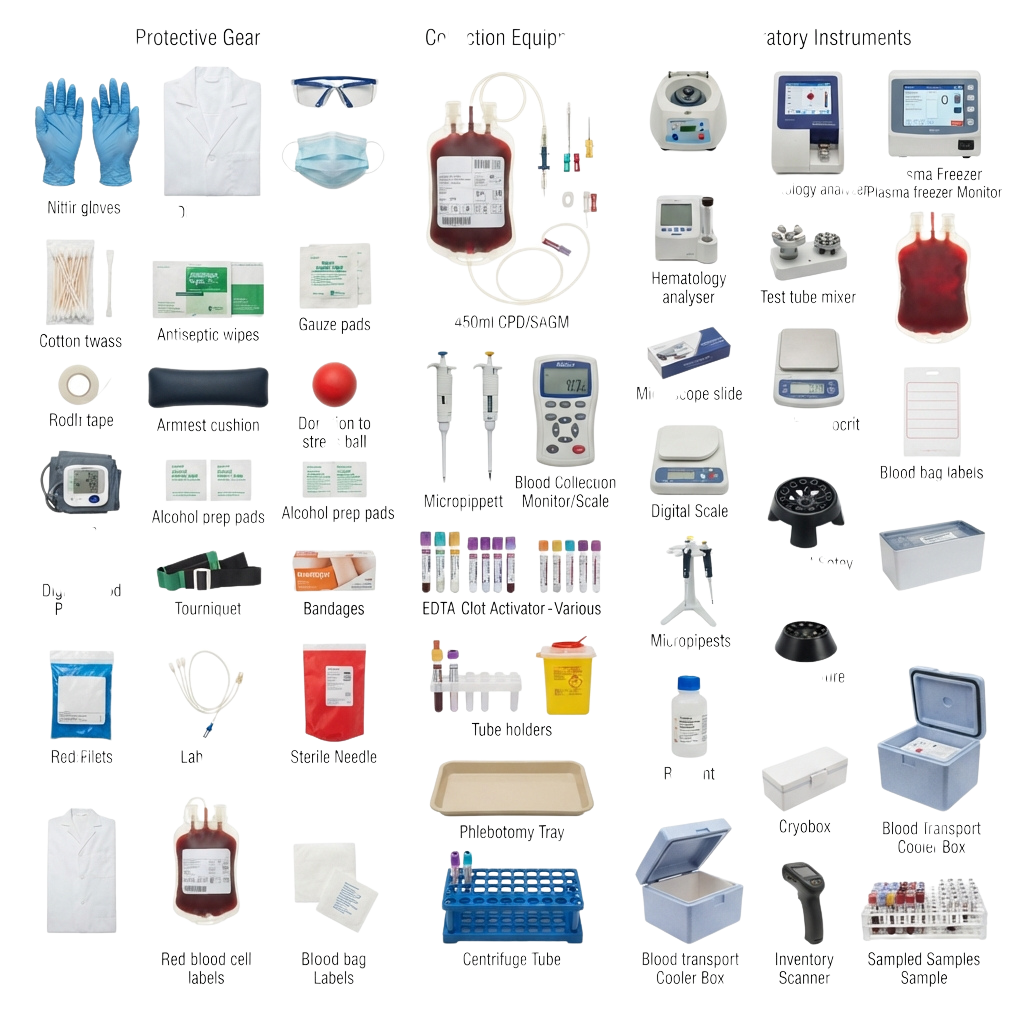 Grid of medical supplies, lab equipment, and safety gear icons for healthcare and lab use