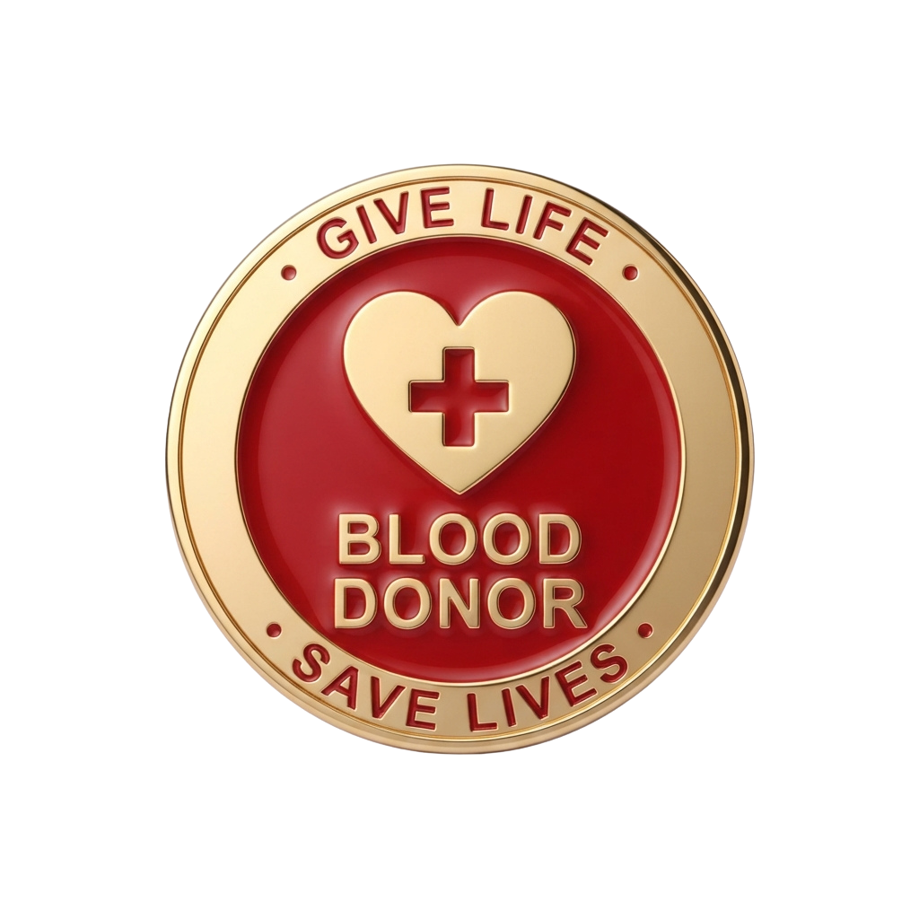Round badge with red background showing a white heart with a cross, text reading Give Life Blood Donor Save Lives