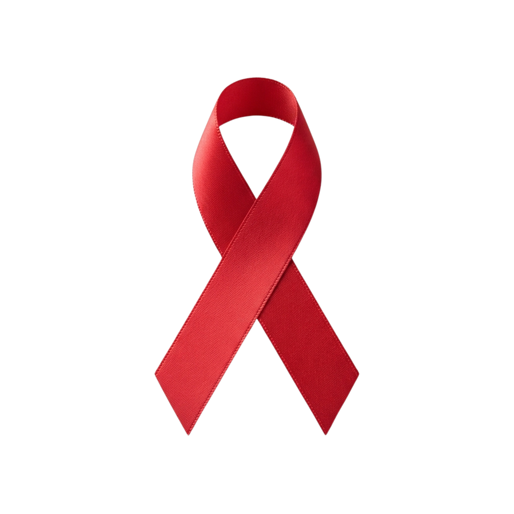 A bright red awareness ribbon against a black background