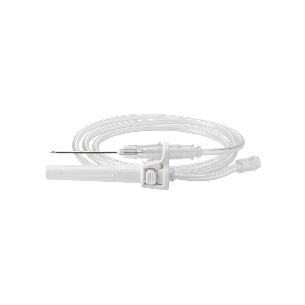 White medical tubing with a needle and connector fitting