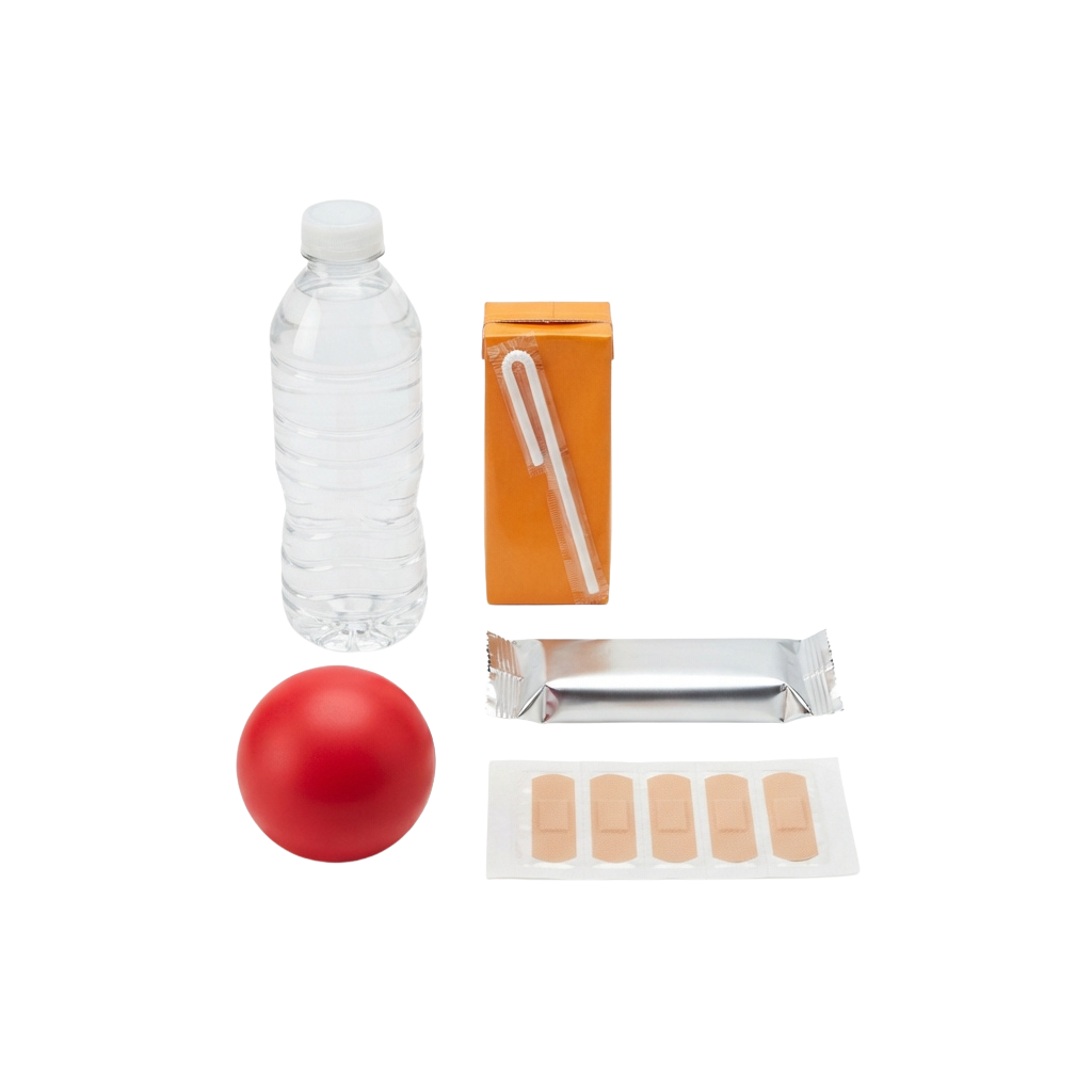 Medical test kit showing a water bottle, orange container with straw, red ball, foil packet, and test strips