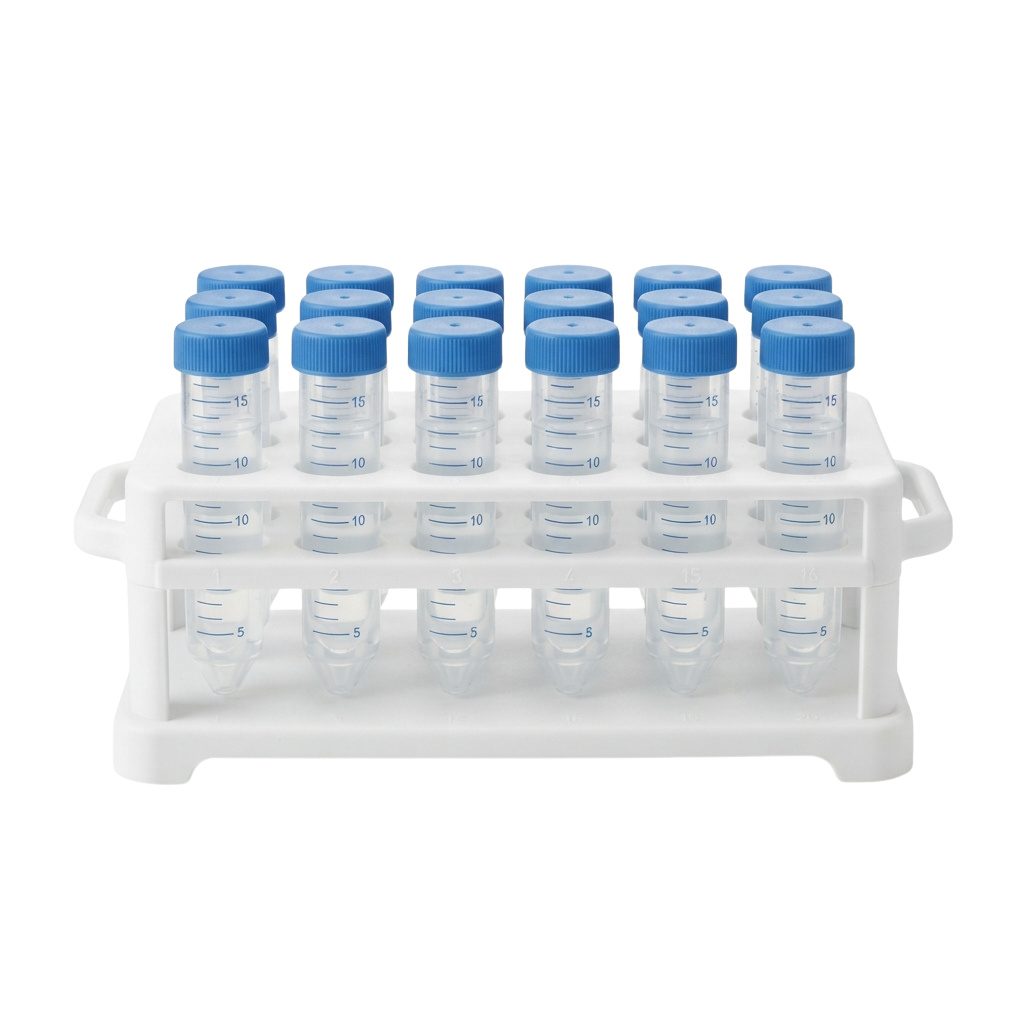 A white plastic rack holding 20 small test tubes, 10 with blue caps and markings for 15 ml, 10 empty tubes marked for 10 ml and 5 ml