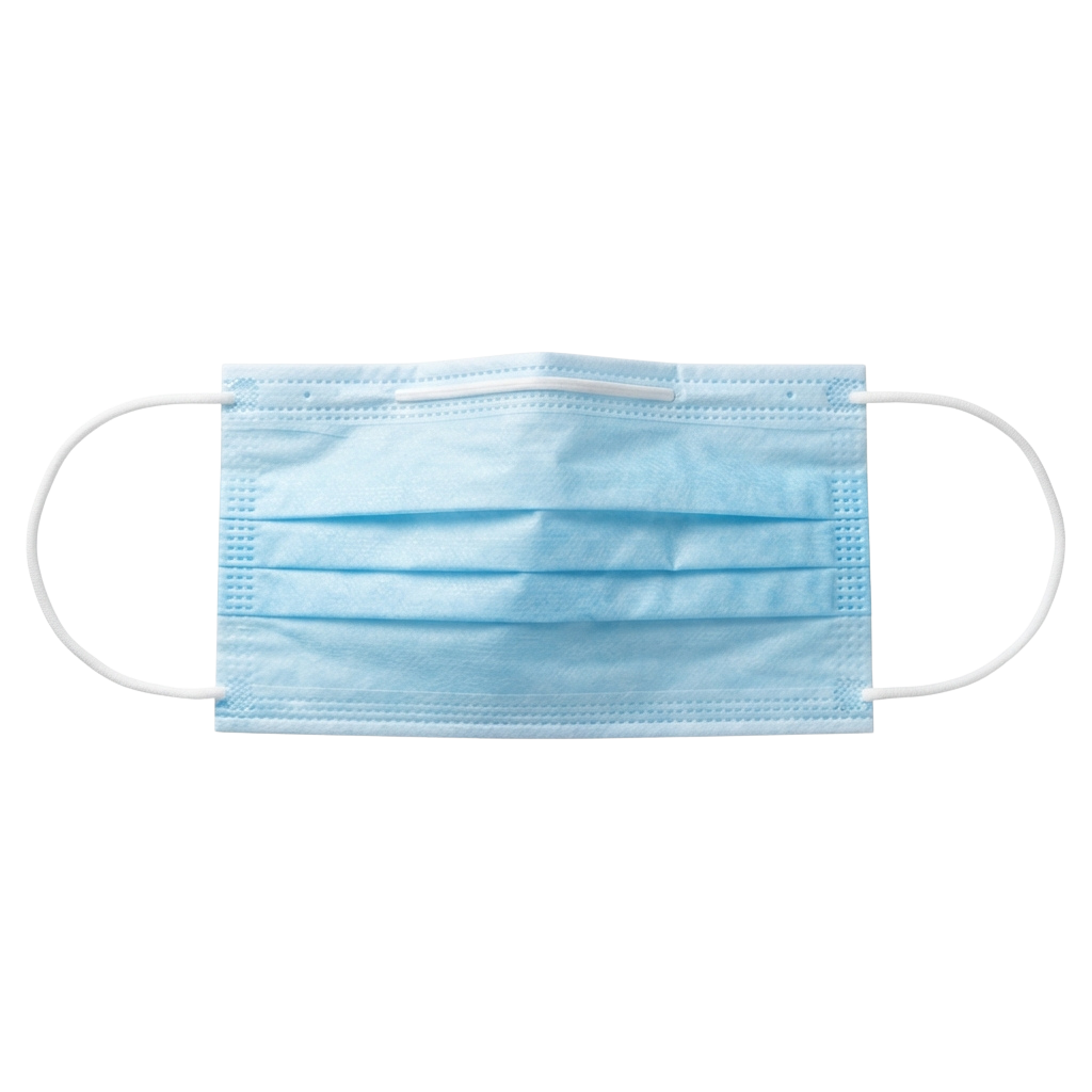 Light blue disposable face mask with white ear loops against black background