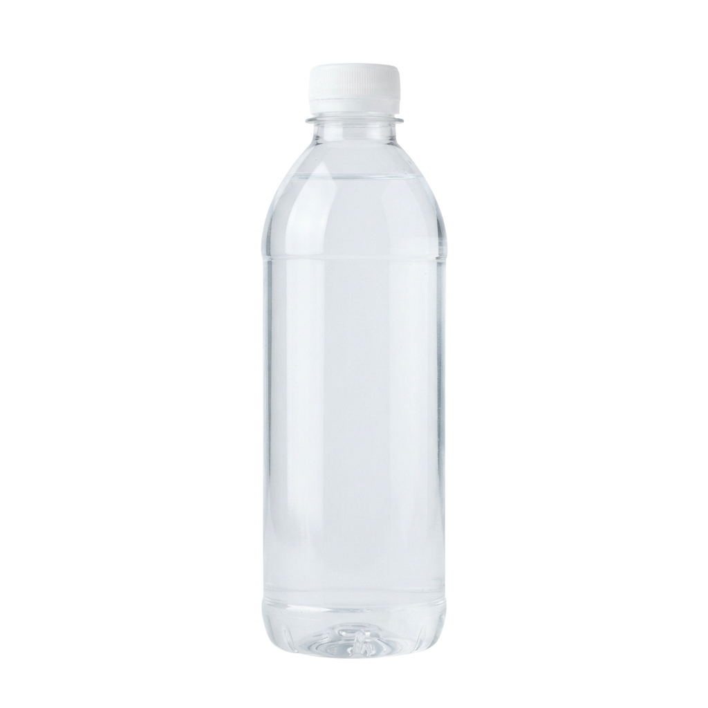 A transparent plastic bottle with a white screw-on cap standing upright against a black background