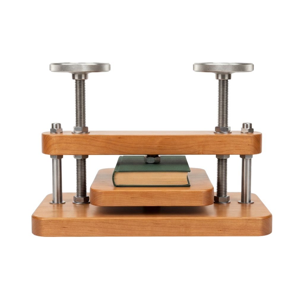 A wooden book press stand with two metal clamps holding a book flat on a wooden base