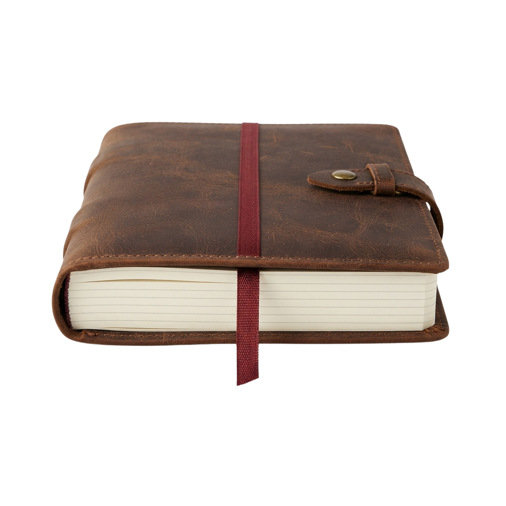 A brown leather-bound journal with a red ribbon bookmark and a metal clasp closure.