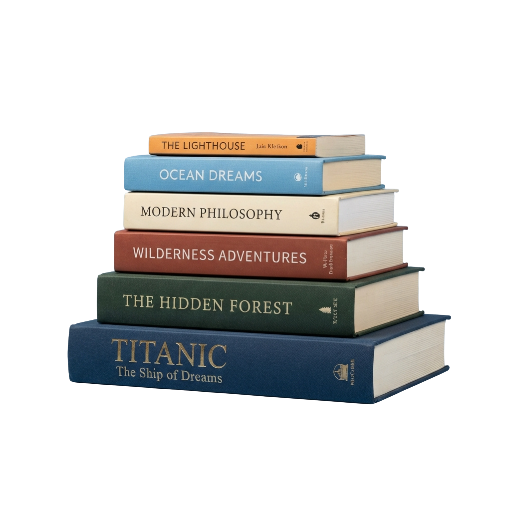 Stack of six colorful books with titles like The Lighthouse, Ocean Dreams, and Wilderness Adventures.