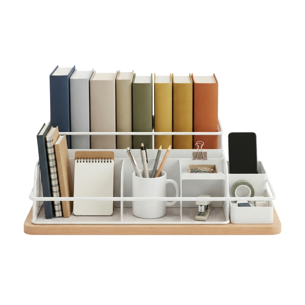 White wire organizer with books on top shelf, notebooks, pens, mug, binder clips, and smartphone holder on lower trays
