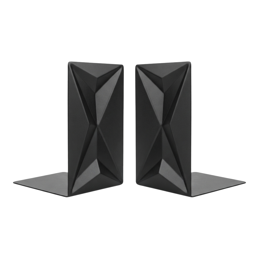 Two black bookends with a geometric diamond pattern on a flat base