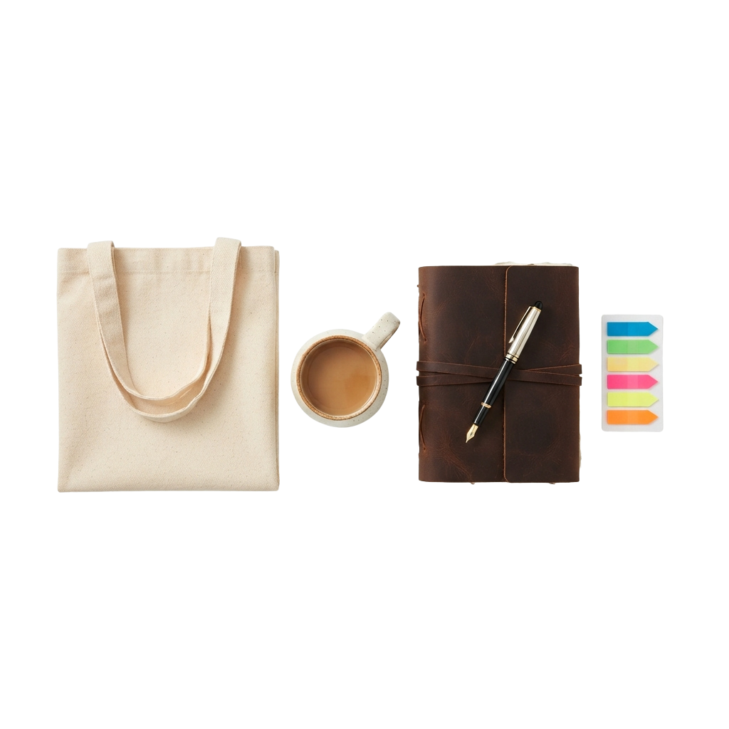 A cream tote bag, a ceramic coffee mug, a brown notebook with a pen, and colorful highlighter markers.