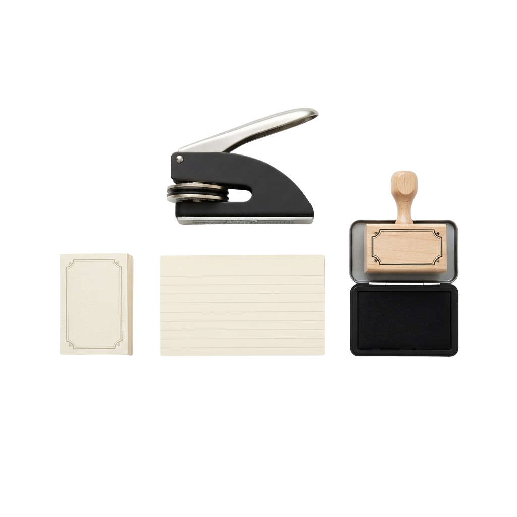 A self-inking stamp set including a metal stamp, ink pad, and two blank stamp plates.