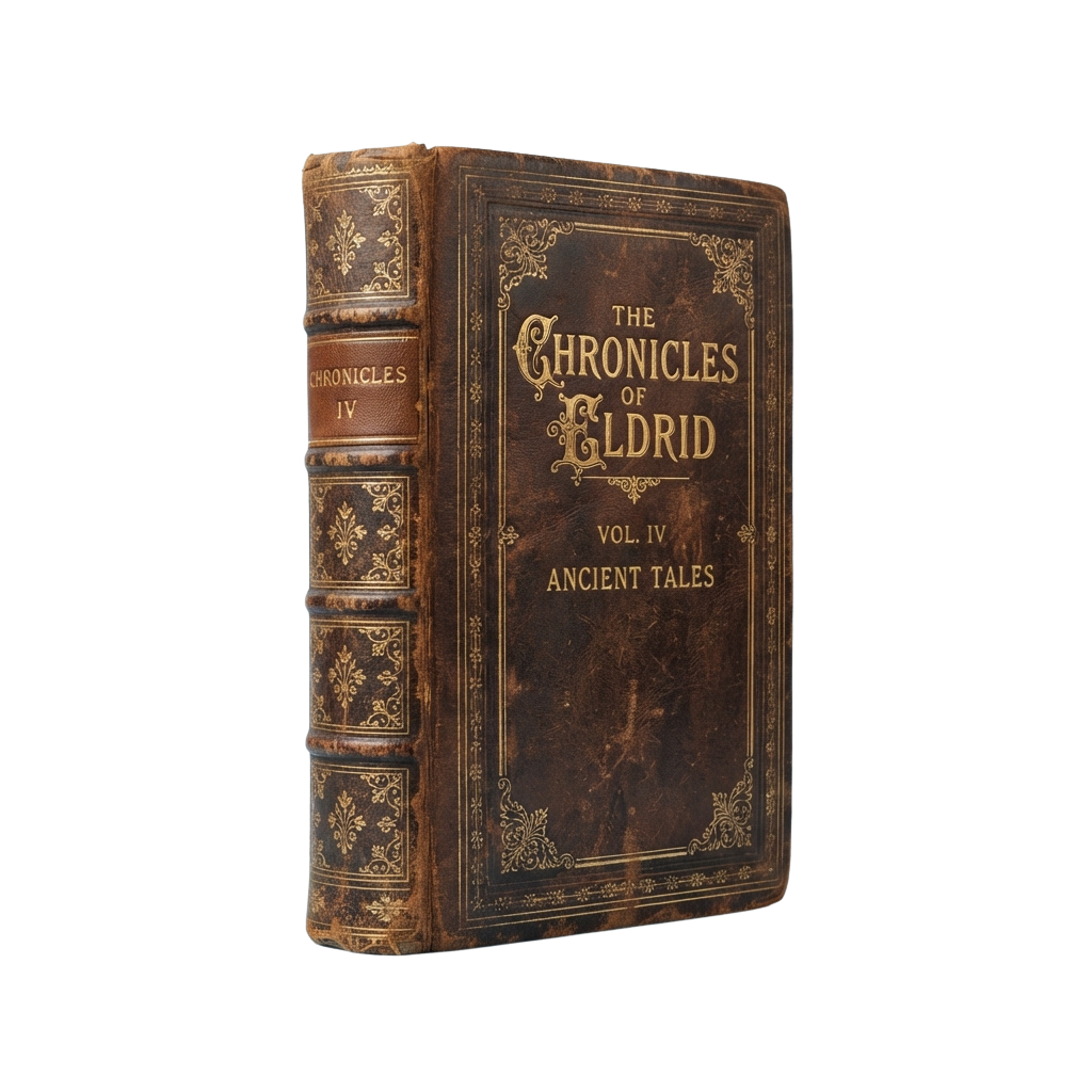 Old leather-bound book titled The Chronicles of Eldrid Volume IV Ancient Tales with ornate gold detailing