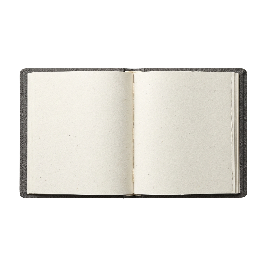 Open blank journal with a gray cover and elastic band closure