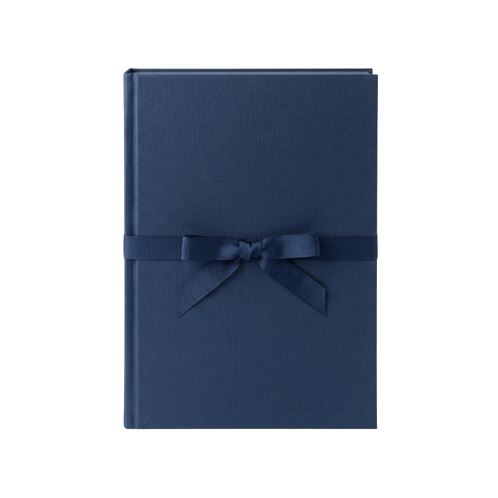 Dark gray clothbound book with a decorative ribbon tied in a bow on the front cover