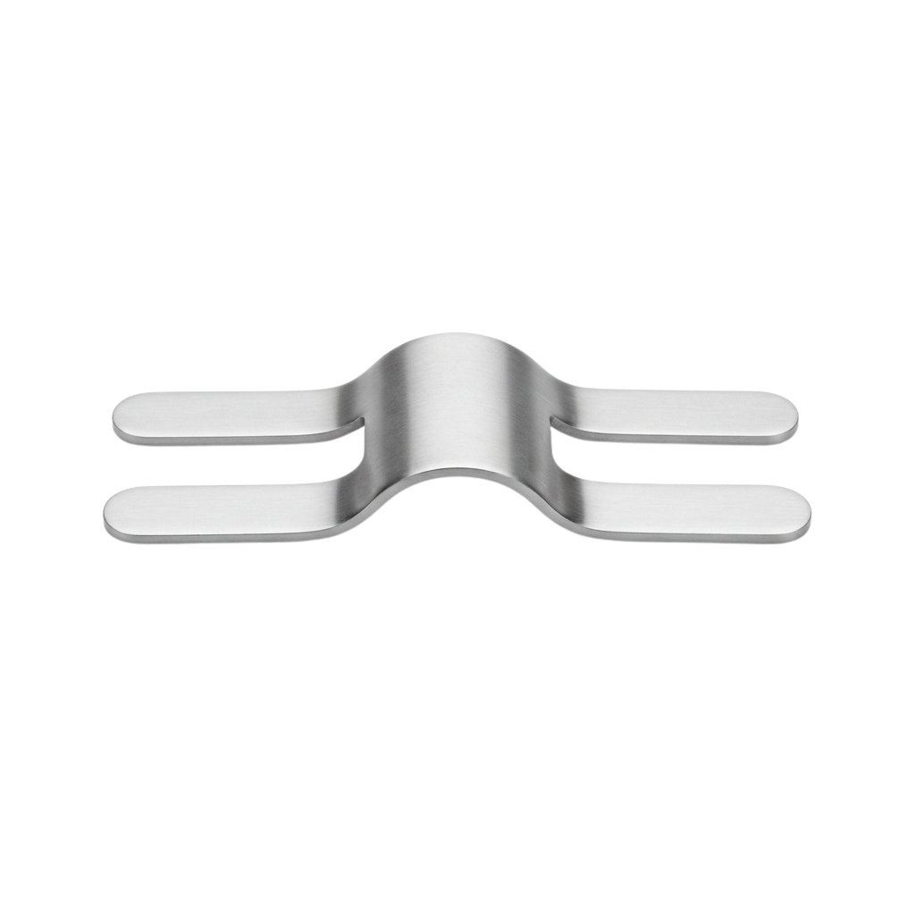A metallic binder clip with a curved center and two prongs on each side.