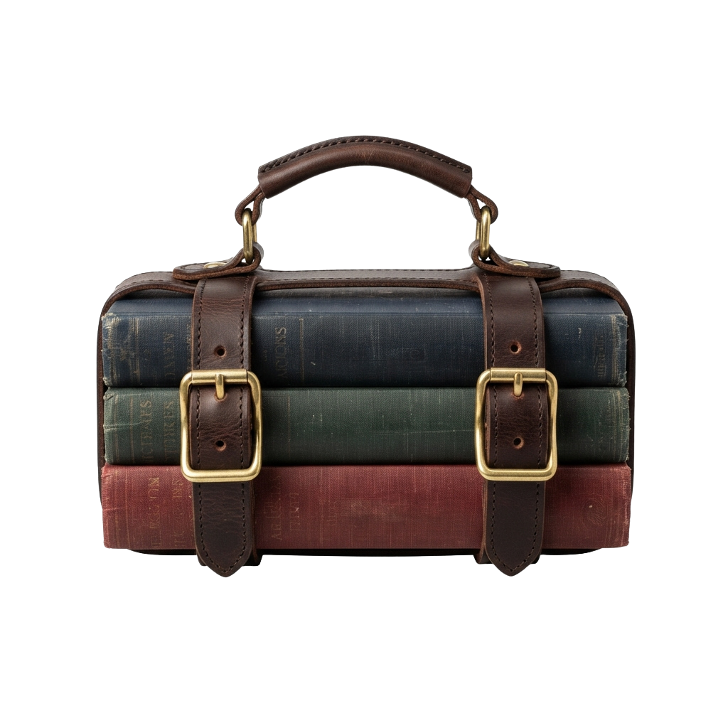 A brown leather tote bag with brass buckles, carrying three stacked books in green, dark blue, and red.