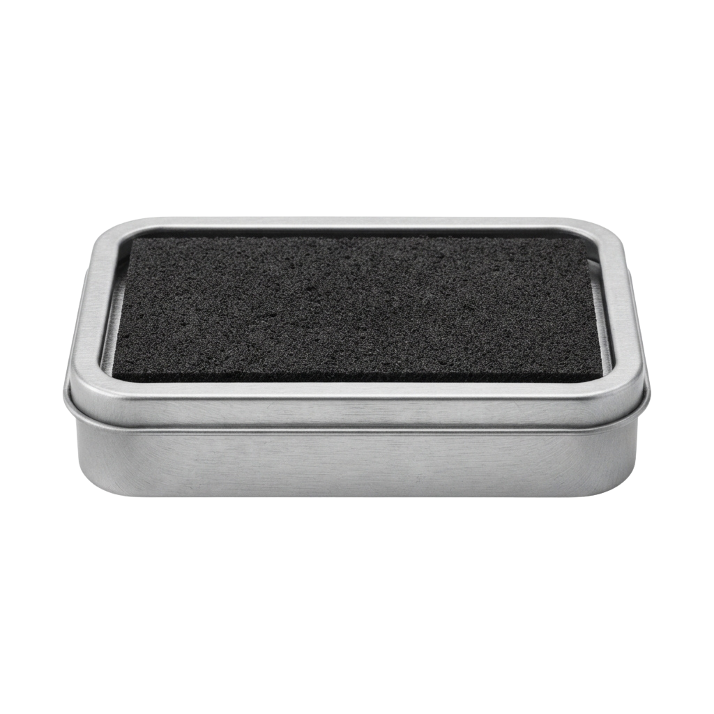 A rectangular stainless steel air filter housing containing a black filter media.