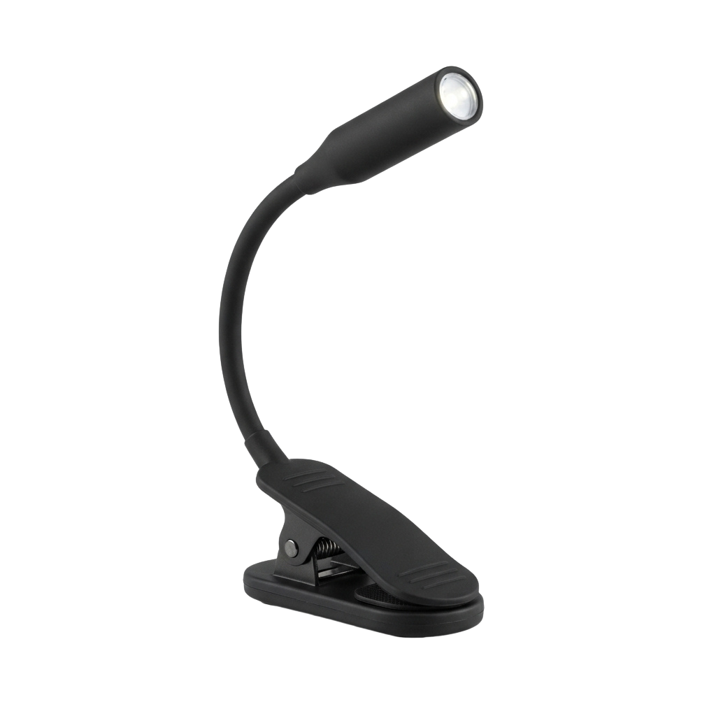 Black flexible clip lamp with a curved neck and bright LED light at the tip