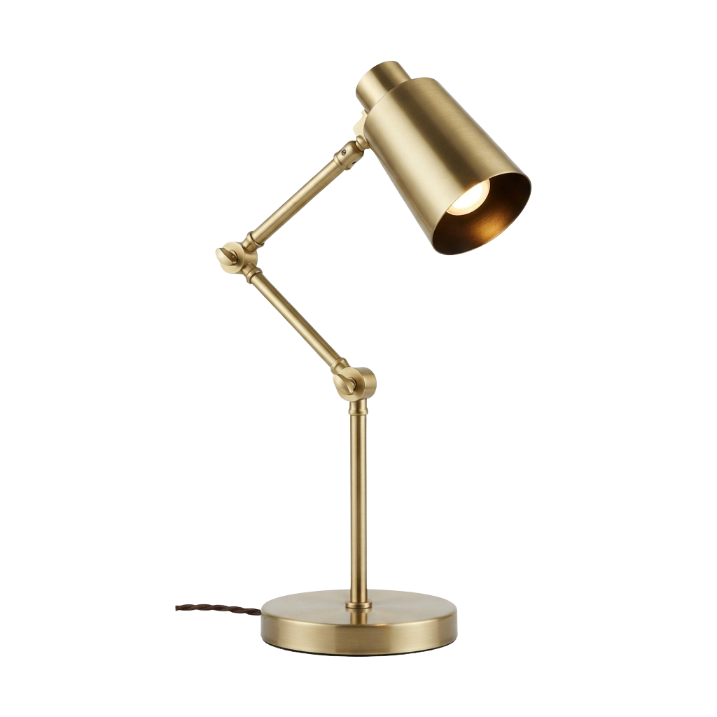 A sleek gold-toned adjustable floor lamp with a cylindrical shade casting a warm light.