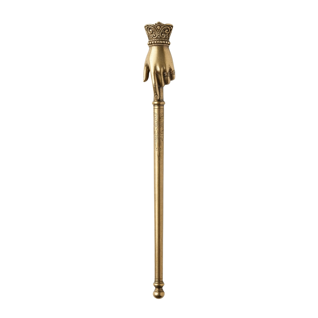A gold-toned ceremonial staff featuring an ornate hand holding a crown at the top
