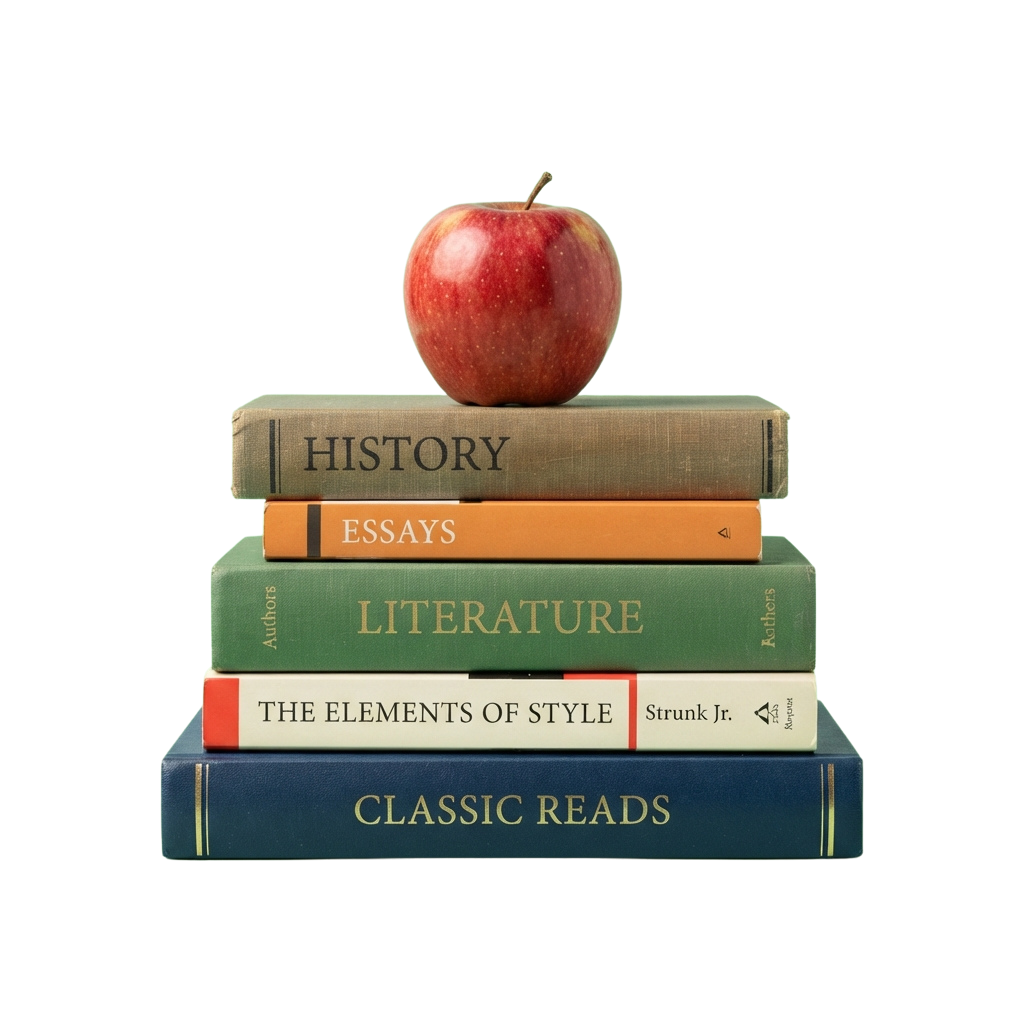 An apple balanced on a stack of books labeled history, essays, literature, style, and classic reads