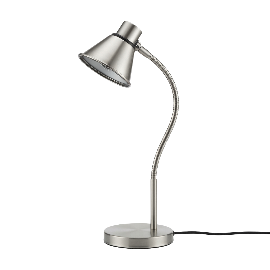 A sleek chrome desk lamp with a curved arm and round base on a black background