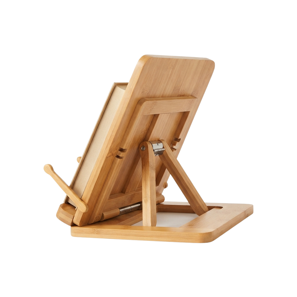 Light-colored wooden easel stand with adjustable angles for holding a tablet or sketchpad