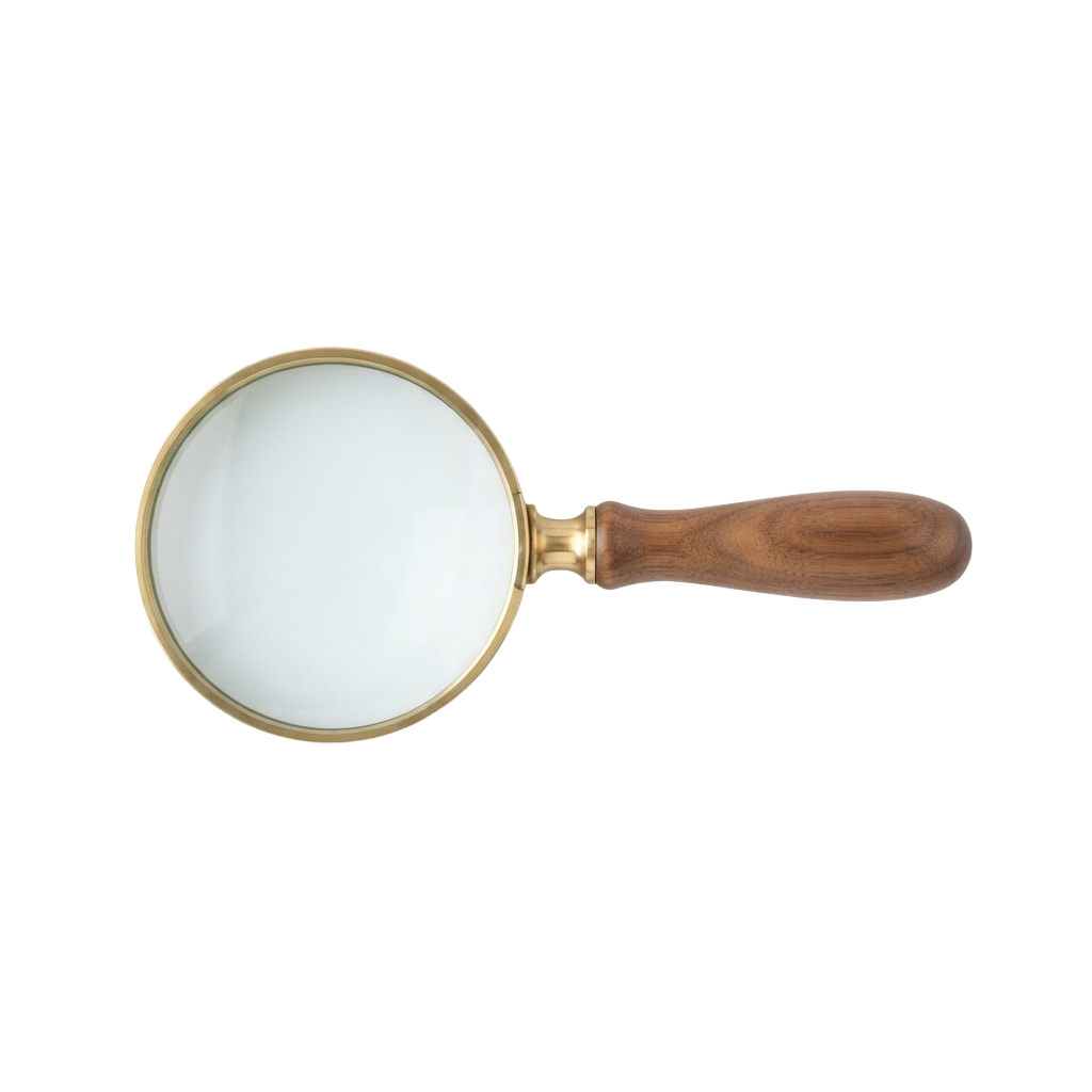 A magnifying glass with a brass rim and wooden handle against a black background