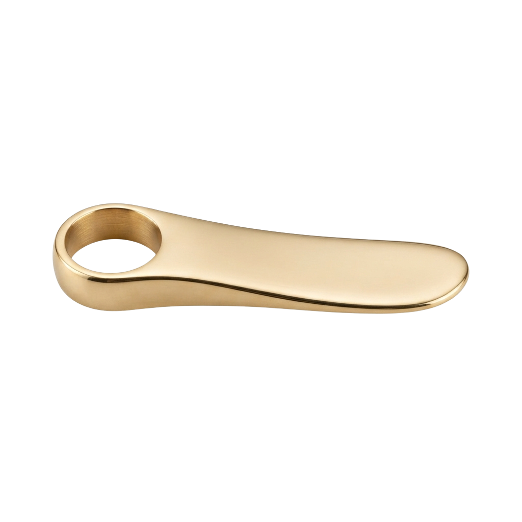 Gold-toned metal bottle opener with a loop handle and smooth curved design