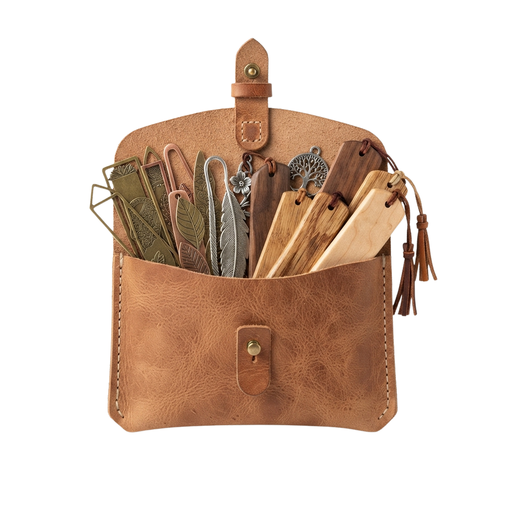 A brown leather pouch holding various wooden and metal bookmarks, clips, and decorative tassels.