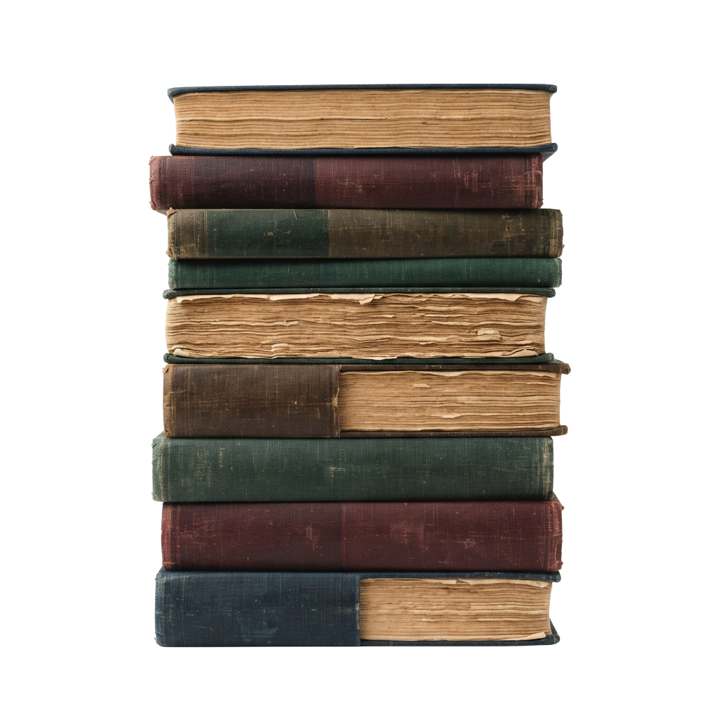 Seven vintage books with worn covers stacked vertically on top of each other.