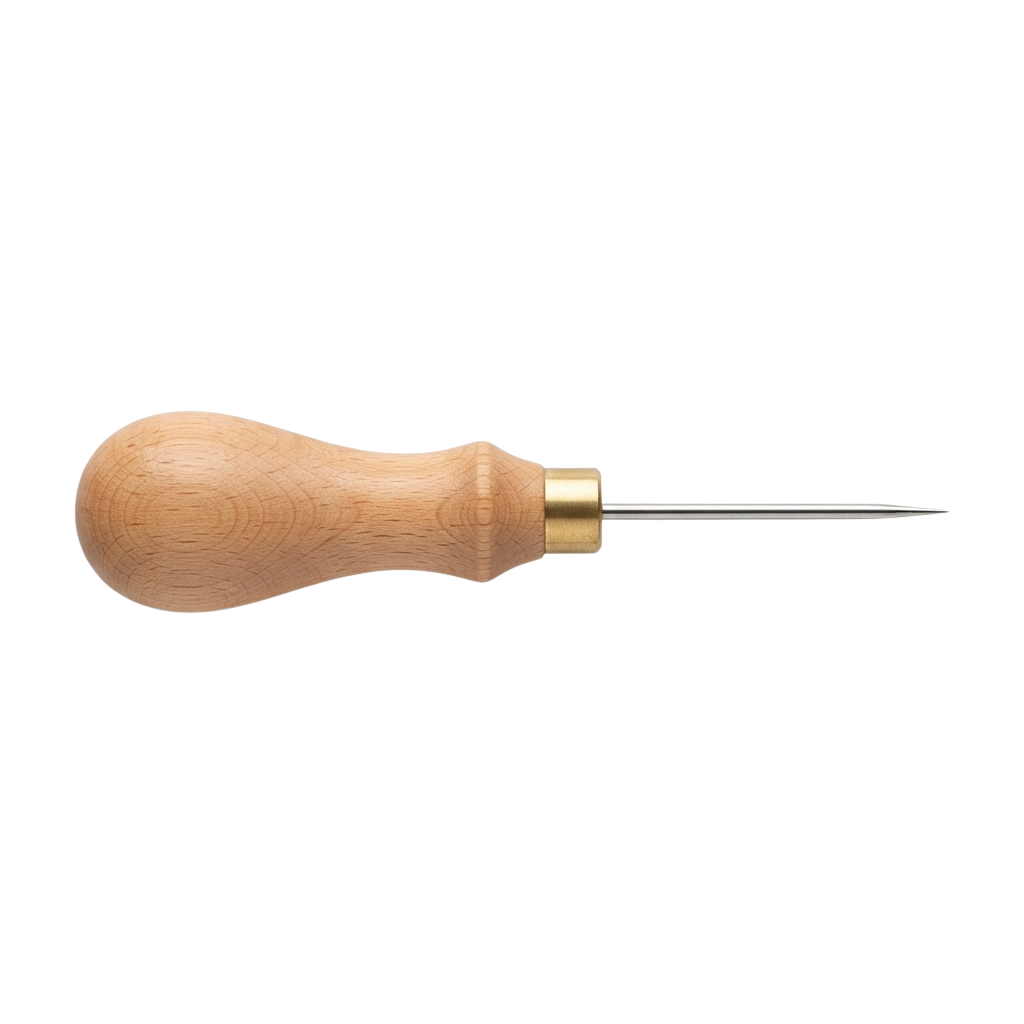 A wooden-handled sewing needle with a brass-colored eye and sharp point