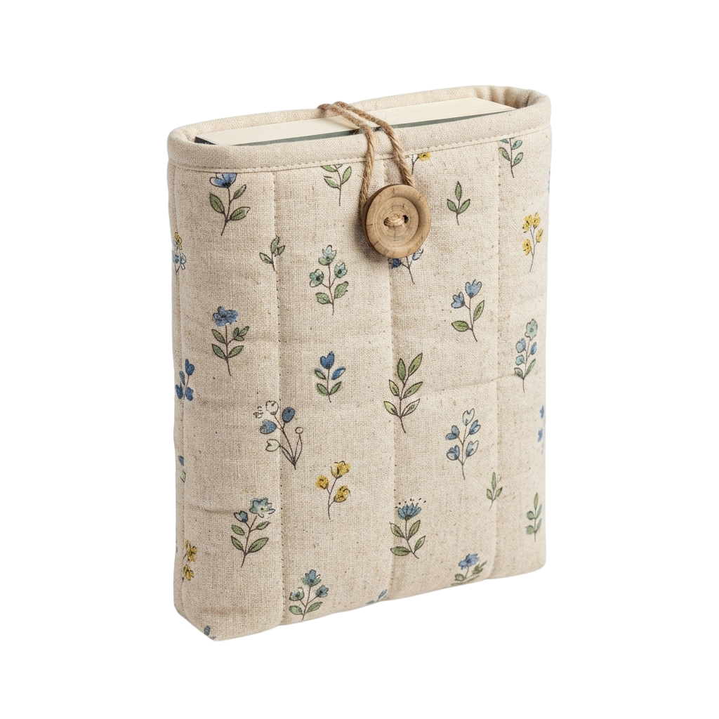Light beige fabric book cover with floral embroidery and a wooden button closure