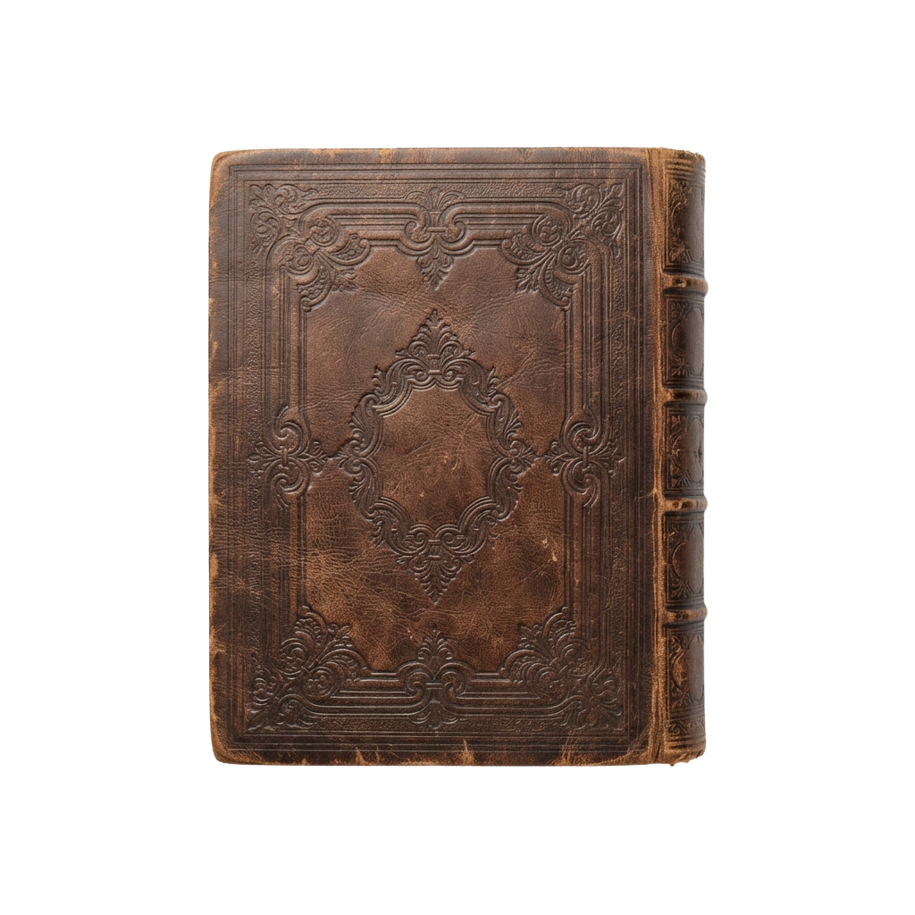 An old leather-bound book featuring intricate embossed floral and geometric patterns on the cover.